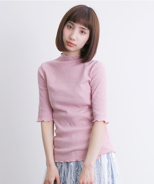 MERLOT(メルロー)の「フリルハイネックリブトップス1029(Tシャツ/カットソー・レディース・オフホワイト/グレー/ブラック/ピンク・FREE)」の4枚目の写真