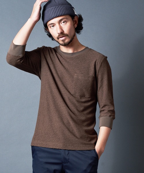 Magine(マージン)の「RANDOM PILE C/N 3/4SL:ランダムパイル クルーネック7分袖(Tシャツ/カットソー)」|オリーブ