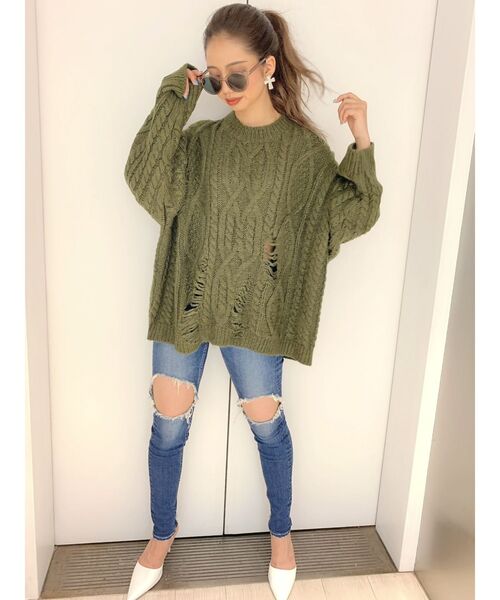 GYDA（ジェイダ）の「グラインダーケーブルニット TOPS（ニット/セーター・レディース・グレー/グリーン/マスタード・FREE）」の2枚目の写真