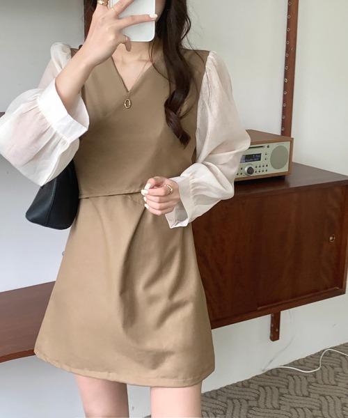 ボリュームシフォン袖ドッキングチュニックワンピース
