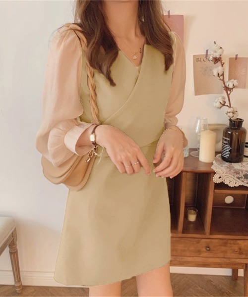 ワンピースボリュームシフォン袖ドッキングチュニックワンピース ワンピース Emi エミプラス のファッション