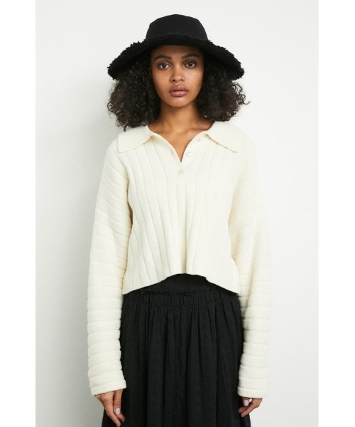 CROPPED KNIT POLO moussy クロップド ニット ポロ リブ MOUSSY（マウジー）の「CROPPED KNIT ポロシャツ（ニット