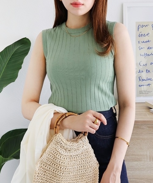 andme(アンドミー)の「コットンフライスワイドリブノースリーブトップス(Tシャツ/カットソー・レディース・オフホワイト/ブラック/チャコールグレー/キナリ/ブラウン/ピンク/グリーン/オレンジ/ライトグリーン/ネイビー・L/M)」の9枚目の写真