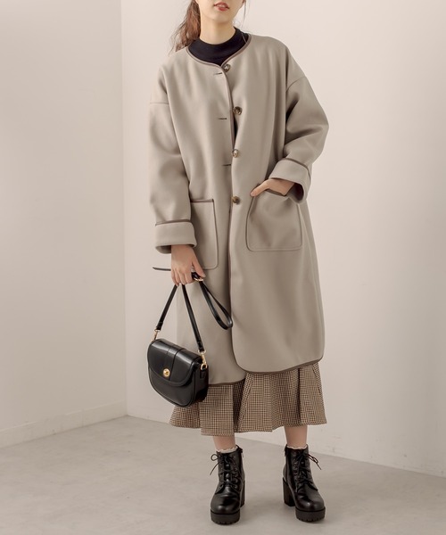 OLIVE des OLIVE（オリーブデオリーブ）の「【WEB限定】コスパ最強！大人女子パイピングロングコート（ノーカラーコート・レディース・ライトグレー/ベージュ・FREE）」の8枚目の写真