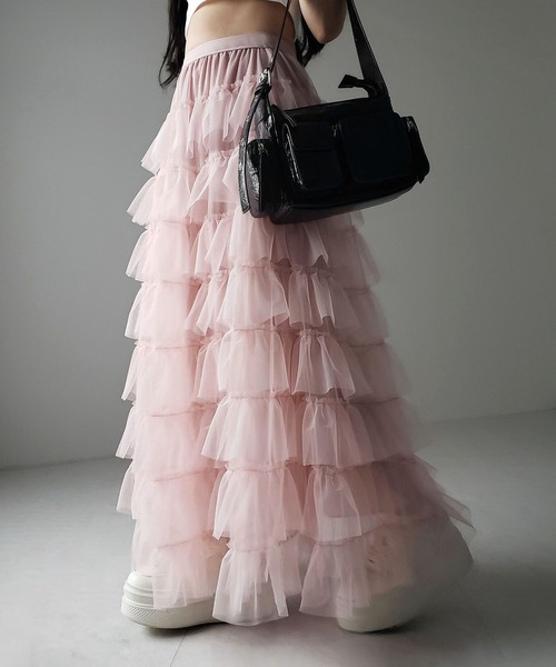 me+em select（ミームセレクト）の「【 ２１色展開 】チュールフリルボリュームスカート《 NEWカラー3色追加！ 》 Sサイズ仲間入り（スカート・レディース・ブラック/ブラウン/ピンク/ブルー/アイボリー/グリーン/オレンジ/グレー/ダークパープル/ダークブラウン/ダークグレー/ダークグリーン/ブルー系その他/カーキ/スモークピンク/レモンイエロー/ミント/レッド/ホワイト/ピンク系その他/ロイヤルブルー・FREE/SMALL）」の18枚目の写真