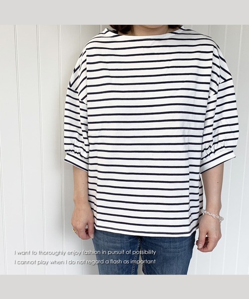 RiNc （リンク）の「【 NOLITA / ノリータ 】バルーンスリーブ プルオーバー 二の腕カバー トップス ボーダートップス（Tシャツ/カットソー・レディース・ホワイト・FREE）」の4枚目の写真