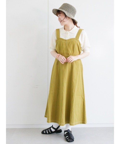 ehka sopo（エヘカソポ）の「配色ステッチジャンパースカート（ジャンパースカート・レディース・ブラック/グリーン/キナリ・ﾌﾘ-）」の12枚目の写真