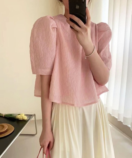 me+em select（ミームセレクト）の「ハートガラシアーキルティングパフブラウス（シャツ/ブラウス・レディース・ピンク/アイボリー・FREE）」の2枚目の写真