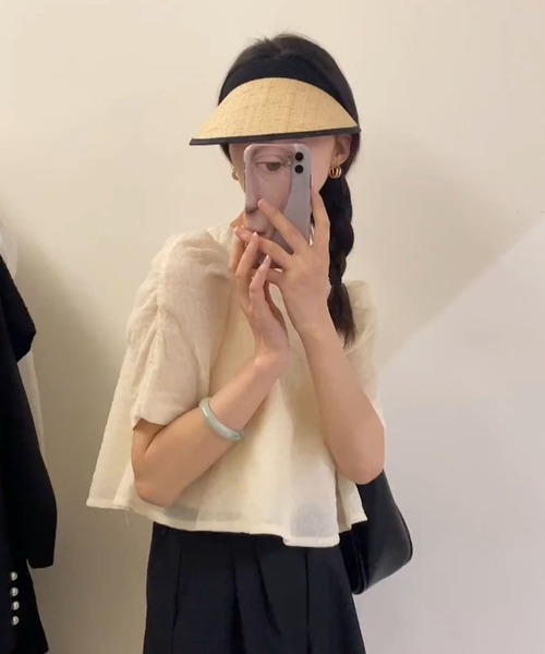 me+em select（ミームセレクト）の「ハートガラシアーキルティングパフブラウス（シャツ/ブラウス・レディース・ピンク/アイボリー・FREE）」の6枚目の写真