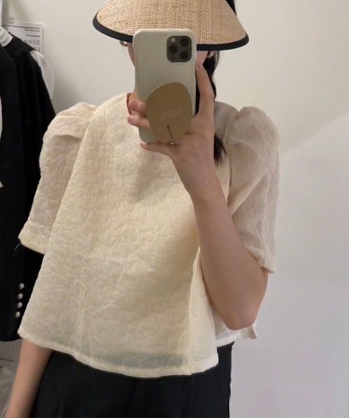 me+em select（ミームセレクト）の「ハートガラシアーキルティングパフブラウス（シャツ/ブラウス・レディース・ピンク/アイボリー・FREE）」の9枚目の写真