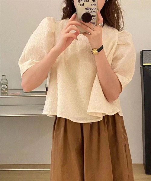 me+em select（ミームセレクト）の「ハートガラシアーキルティングパフブラウス（シャツ/ブラウス・レディース・ピンク/アイボリー・FREE）」の4枚目の写真