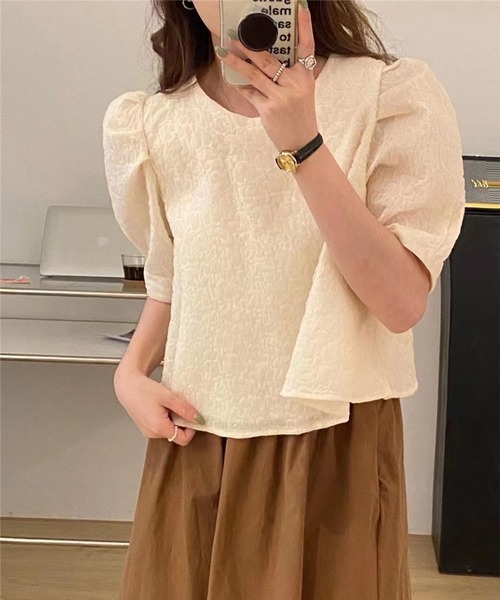 me+em select（ミームセレクト）の「ハートガラシアーキルティングパフブラウス（シャツ/ブラウス・レディース・ピンク/アイボリー・FREE）」の3枚目の写真