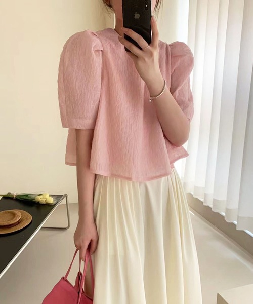 me+em select（ミームセレクト）の「ハートガラシアーキルティングパフブラウス（シャツ/ブラウス・レディース・ピンク/アイボリー・FREE）」の10枚目の写真