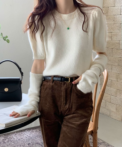 me+em select（ミームセレクト）の「※※【 新色追加/9color 】アームウォーマー付き　パフカラーニットトップス（ニット/セーター・レディース・ホワイト/ブラック/レッド/ピンク/グリーン/ブラウン/ブルー系その他/モカ/ダークグレー・FREE）」の19枚目の写真