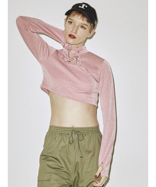 jouetie(ジュエティ)の「レースアップクロップドトップス【ショート丈】(Tシャツ/カットソー・レディース・ピンク/ブラック/ブルー・MEDIUM)」の11枚目の写真