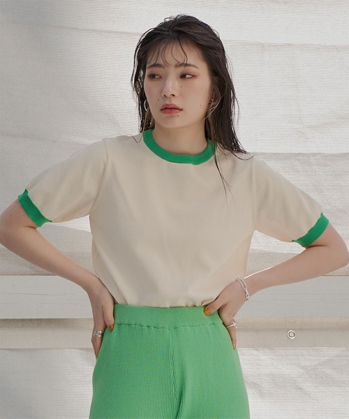 miette(ミエット)の「配色デザイン半袖トップス(Tシャツ/カットソー・レディース・ライトベージュ/ブラック/パープル/レッド/ライトグリーン・FREE)」の3枚目の写真