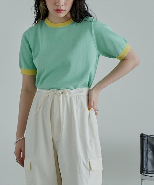 miette(ミエット)の「配色デザイン半袖トップス(Tシャツ/カットソー・レディース・ライトベージュ/ブラック/パープル/レッド/ライトグリーン・FREE)」の1枚目の写真