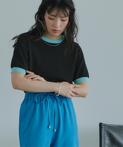 miette(ミエット)の「配色デザイン半袖トップス(Tシャツ/カットソー・レディース・ライトベージュ/ブラック/パープル/レッド/ライトグリーン・FREE)」の2枚目の写真