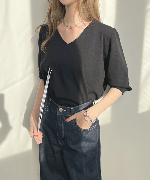 Futier land（フューティアランド）の「Vネック5分丈ニットソー（ニット/セーター・レディース・ホワイト/ブラック/ピンク/ブルー/グリーン系その他/ライトイエロー/ライトパープル/ホワイト×ブラック・FREE）」の20枚目の写真