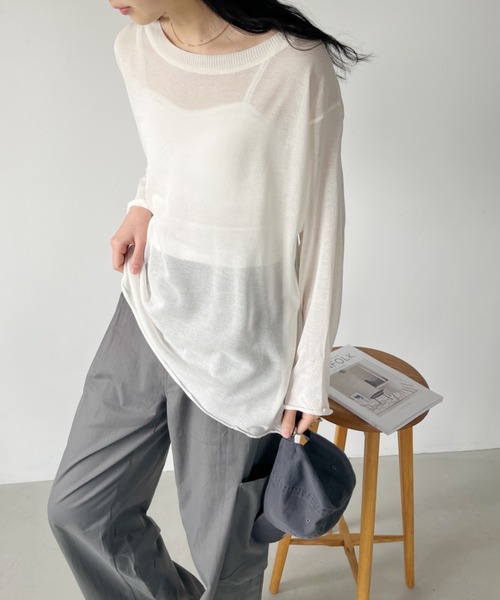 CLEA（クレア）の「シアーメッシュオーバー長袖トップス（Tシャツ/カットソー・レディース・ライトグレー/ホワイト/オリーブ/ブラック・FREE）」の10枚目の写真