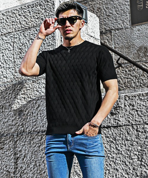 SOMEDIFF（サムディフ）の「【SOMEDIFF】12G変わり編み半袖サマーニット メンズ セーターニット クルーネック Vネック 無地 春服（ニット/セーター・メンズ・ブラック/ブルー/ブラック系その他/オレンジ系その他/ホワイト/ホワイト系その他/ブルー系その他/オレンジ・M/L/XL）」の5枚目の写真