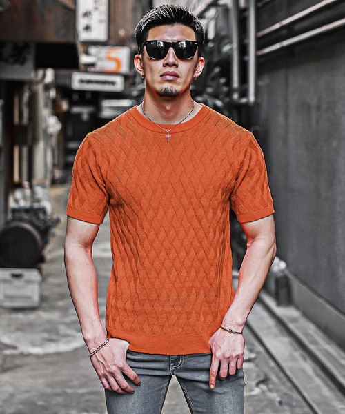 SOMEDIFF（サムディフ）の「【SOMEDIFF】12G変わり編み半袖サマーニット メンズ セーターニット クルーネック Vネック 無地 春服（ニット/セーター・メンズ・ブラック/ブルー/ブラック系その他/オレンジ系その他/ホワイト/ホワイト系その他/ブルー系その他/オレンジ・M/L/XL）」の8枚目の写真