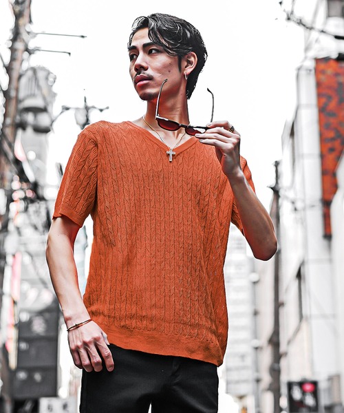 SOMEDIFF（サムディフ）の「【SOMEDIFF】12G変わり編み半袖サマーニット メンズ セーターニット クルーネック Vネック 無地 春服（ニット/セーター・メンズ・ブラック/ブルー/ブラック系その他/オレンジ系その他/ホワイト/ホワイト系その他/ブルー系その他/オレンジ・M/L/XL）」の22枚目の写真