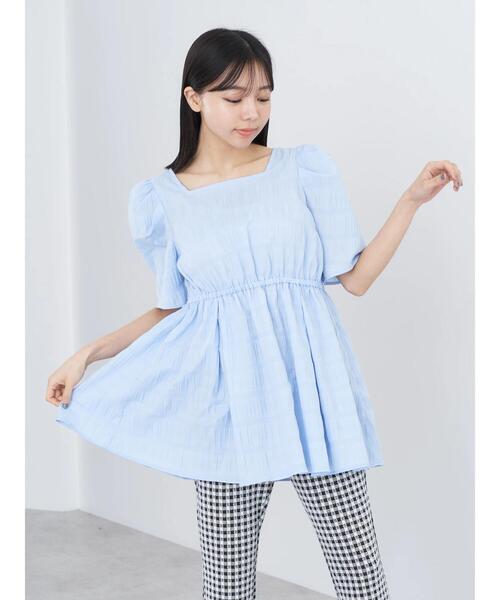 fitmore♡スクエアネックチェックチュニック（イエロー） セール】スクエアネックチェックトップス（Tシャツ/カットソー