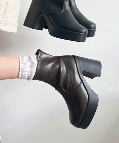 セール】軽量厚底 スクウェアトゥ プラットフォーム ショートブーツ