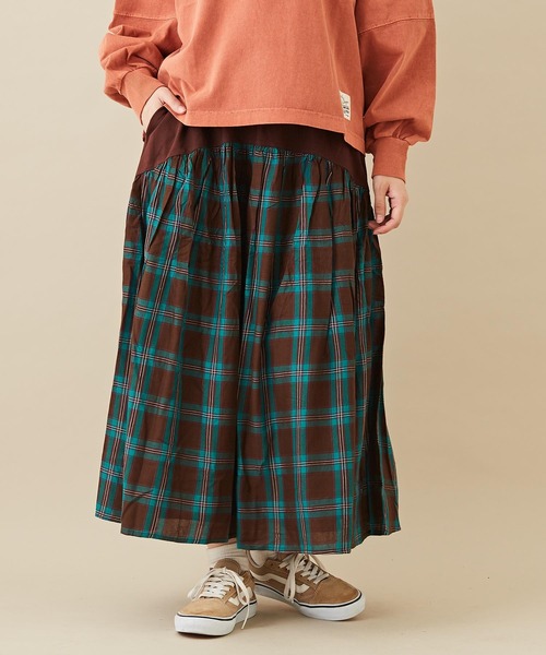 CUBE SUGAR（キューブシュガー）の「WEB限定カットソー×チェック切替ギャザースカート（スカート・レディース・イエロー/ブラウン/ネイビー・M）」の2枚目の写真