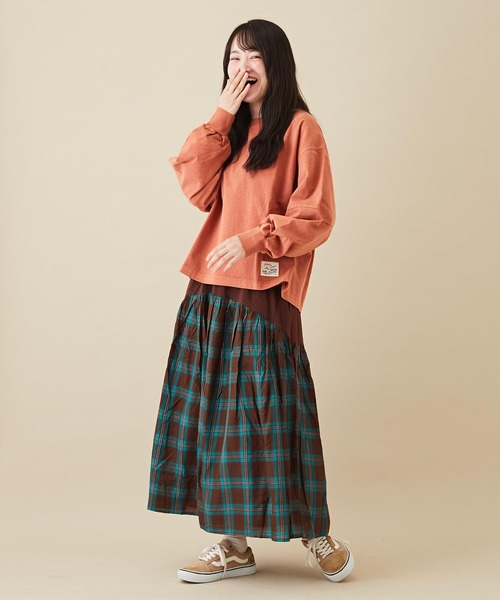 CUBE SUGAR（キューブシュガー）の「WEB限定カットソー×チェック切替ギャザースカート（スカート・レディース・イエロー/ブラウン/ネイビー・M）」の4枚目の写真