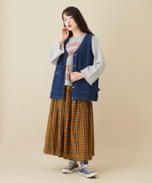 CUBE SUGAR（キューブシュガー）の「WEB限定カットソー×チェック切替ギャザースカート（スカート・レディース・イエロー/ブラウン/ネイビー・M）」の7枚目の写真