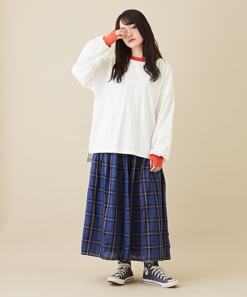 CUBE SUGAR（キューブシュガー）の「WEB限定カットソー×チェック切替ギャザースカート（スカート・レディース・イエロー/ブラウン/ネイビー・M）」の11枚目の写真