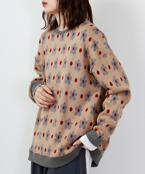 【セール】ルーズシルエットジャガードニットソー総柄トリムクルーネック(ニット/セーター)|ATELANE(アテレーン) 【セール】ルーズシルエットジャガードニットソー総柄トリムクルーネック(ニット/セーター)|ATELANE(アテレーン)