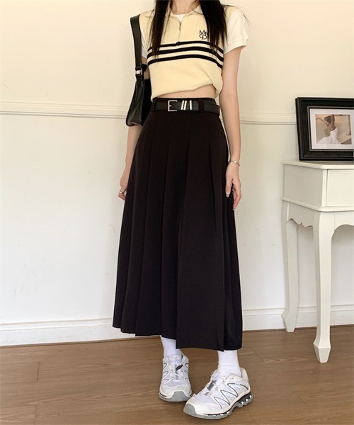 Dream garden(ドリームガーデン)の「フロントタックプリーツスカート ベルト付け2点セット(スカート・レディース・ブラック/パープル/グレー/ピンク・S/M/L/XL/2XL)」の13枚目の写真