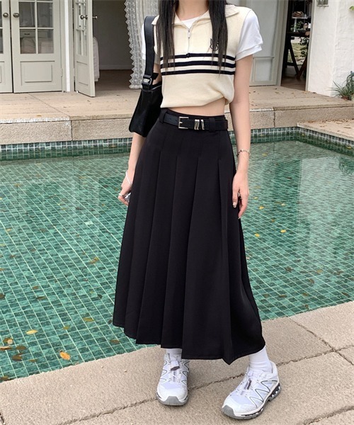 Dream garden(ドリームガーデン)の「フロントタックプリーツスカート ベルト付け2点セット(スカート・レディース・ブラック/パープル/グレー/ピンク・S/M/L/XL/2XL)」の14枚目の写真