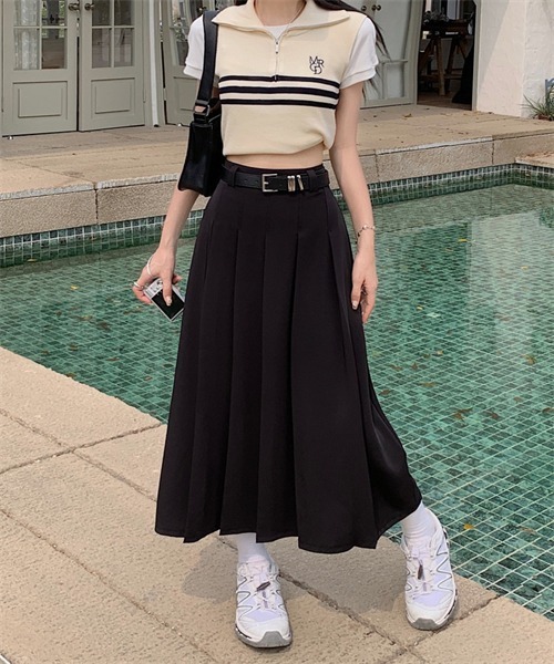 Dream garden(ドリームガーデン)の「フロントタックプリーツスカート ベルト付け2点セット(スカート・レディース・ブラック/パープル/グレー/ピンク・S/M/L/XL/2XL)」の10枚目の写真