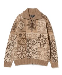BEAMS PLUS | Zip Cardigan Double Jacquard Patchwork Like Pattern(ニット/セーター)