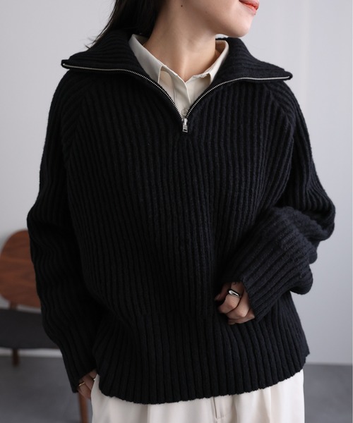 ap retro(アプレトロ)の「ハーフジップニットプルオーバー(ニット/セーター・レディース・ブラック/グレー/ベージュ・FREE)」の5枚目の写真