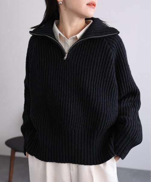 ap retro(アプレトロ)の「ハーフジップニットプルオーバー(ニット/セーター・レディース・ブラック/グレー/ベージュ・FREE)」の8枚目の写真