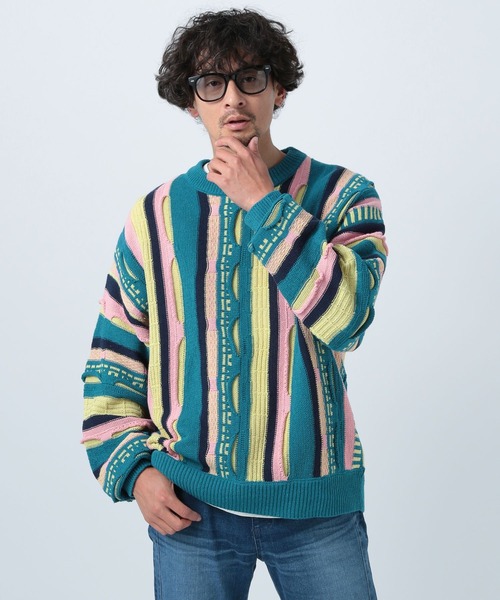 BAYFLOW（ベイフロー）の「マルチパターン3Dニットプルオーバー（ニット/セーター・メンズ・オフホワイト/ネイビー/グリーン・FREE）」の2枚目の写真