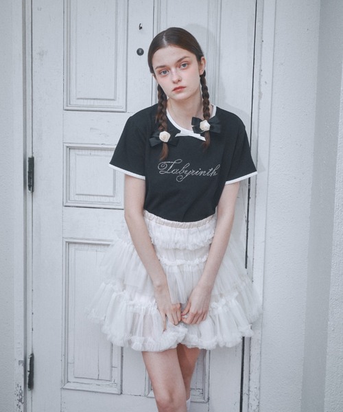 Lovilyn tシャツ ロゴ刺繍リボンコットンTシャツ レディース