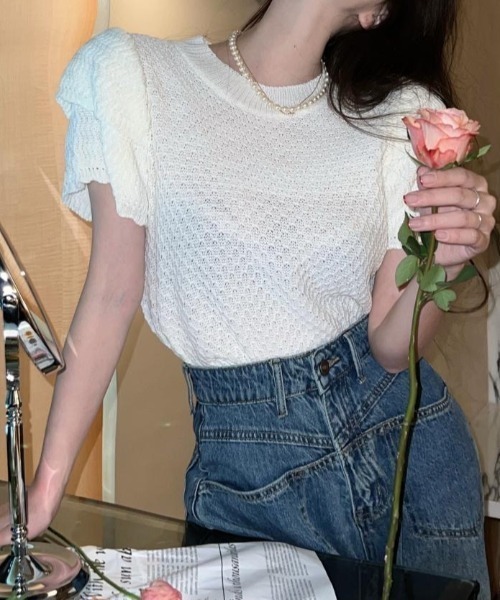 Achic(アシック)の「ワッフル半袖ニットトップス(ニット/セーター・レディース・ピンク/ホワイト/グレー/ブラック・M)」の20枚目の写真