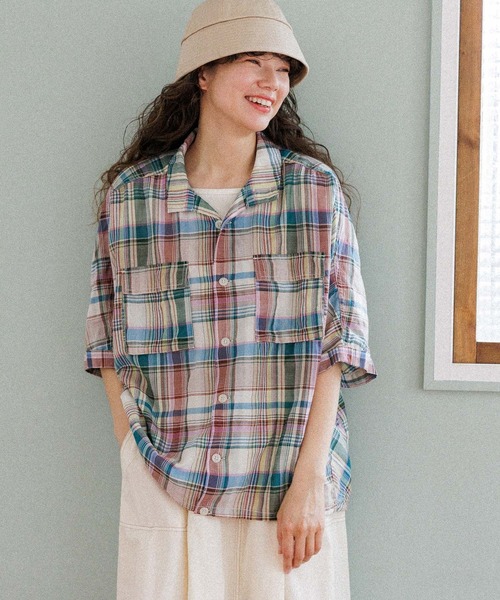 niko and...(ニコアンド)の「リネン混サッカーチェックシャツ(シャツ/ブラウス・レディース・ブルー/アイボリー/イエロー/ネイビー/ピンク・MEDIUM/LARGE)」の1枚目の写真