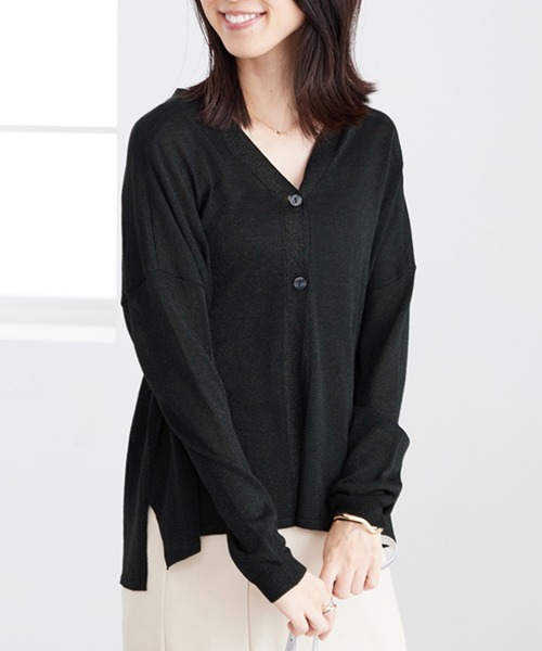 BELLUNA PLUS(ベルーナ)の「ボタン使いラメ入りカーディガン(カーディガン/ボレロ・レディース・グリーン/アイボリー/杢グレー/ブラック・LARGE/X-LARGE/MEDIUM)」の2枚目の写真