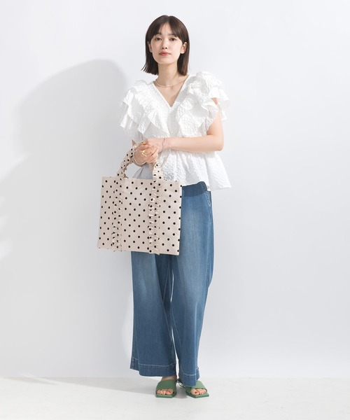PICCIN PERLA（ピッチンペルラ）の「フロッキードットフリル付き手提げバッグ（トートバッグ・レディース・グレー/ベージュ/ネイビー・FREE）」の6枚目の写真