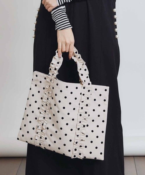 フロッキードットフリル付き手提げバッグ（トートバッグ）｜PICCIN
