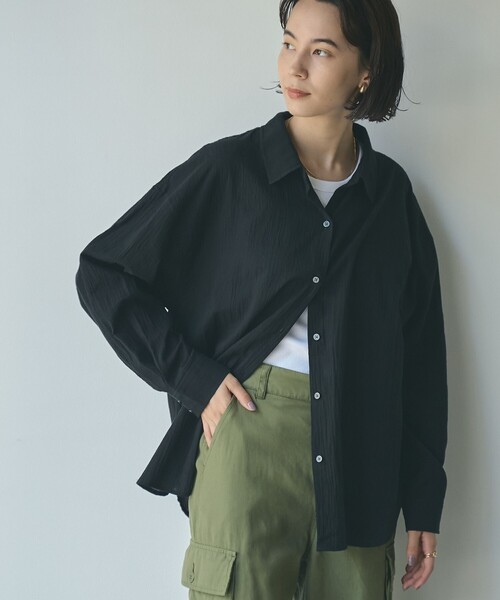 coen（コーエン）の「ハイツイストコットンシアーシャツ（シャツ/ブラウス・レディース・ナチュラル/ブラウン/ブラック・M/L）」の2枚目の写真