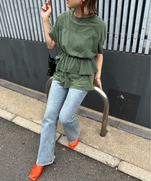 ピグメント フリルギャザー フレンチスリーブ ペプラムトップス