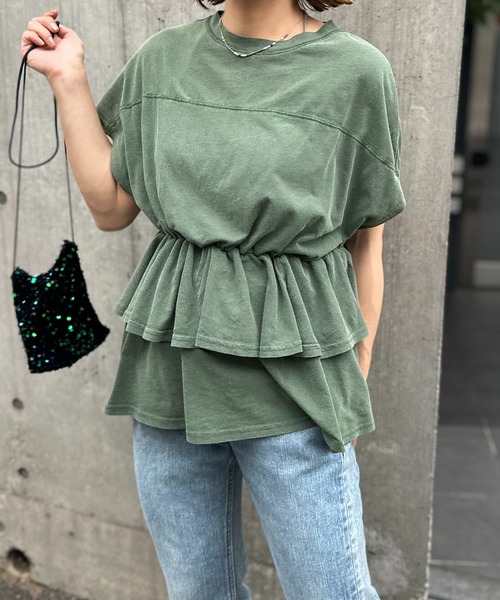 ピグメント フリルギャザー フレンチスリーブ ペプラムトップス